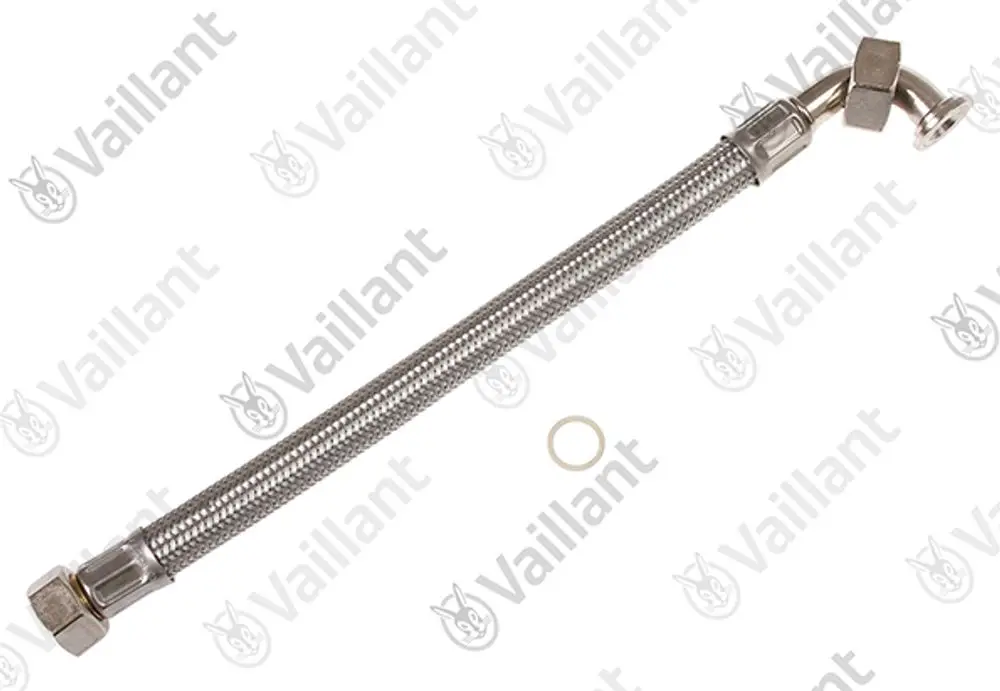 Flexibler Edelstahl-Schlauch mit zwei Anschlussgewinden, passend für Vaillant-Produkte, zur Verbindung und Führung von Wasser.